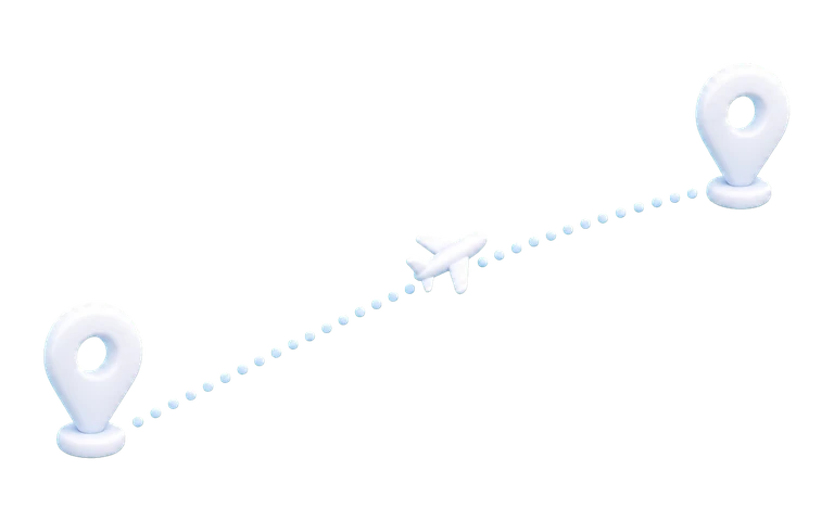 Two location pins connected by a dotted flight path